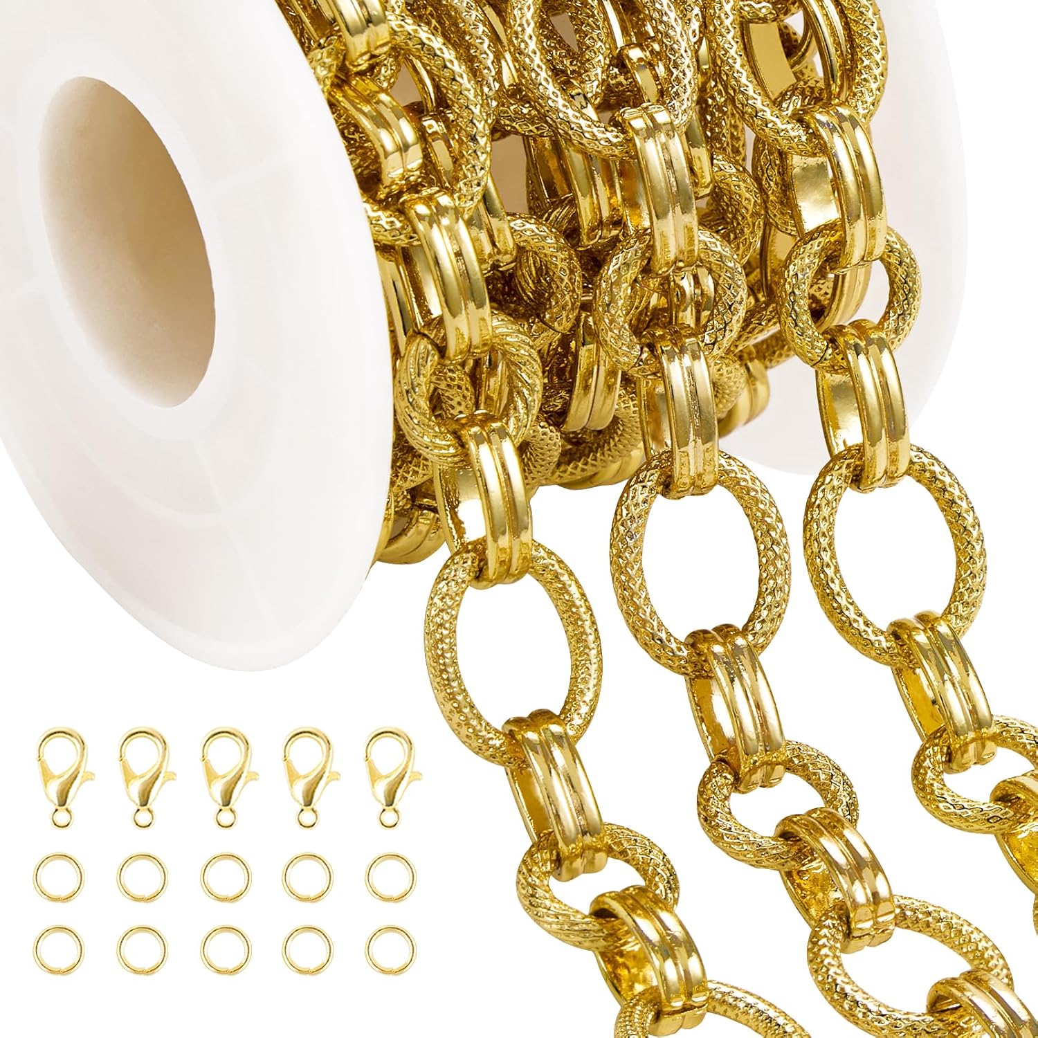 Jabogrii 6.5 Feet Gold Rolo Jewelry Making Chains Roll Bulk Embossed Oval Metal Chain for Jewelry Making Handmade Craft Supplies