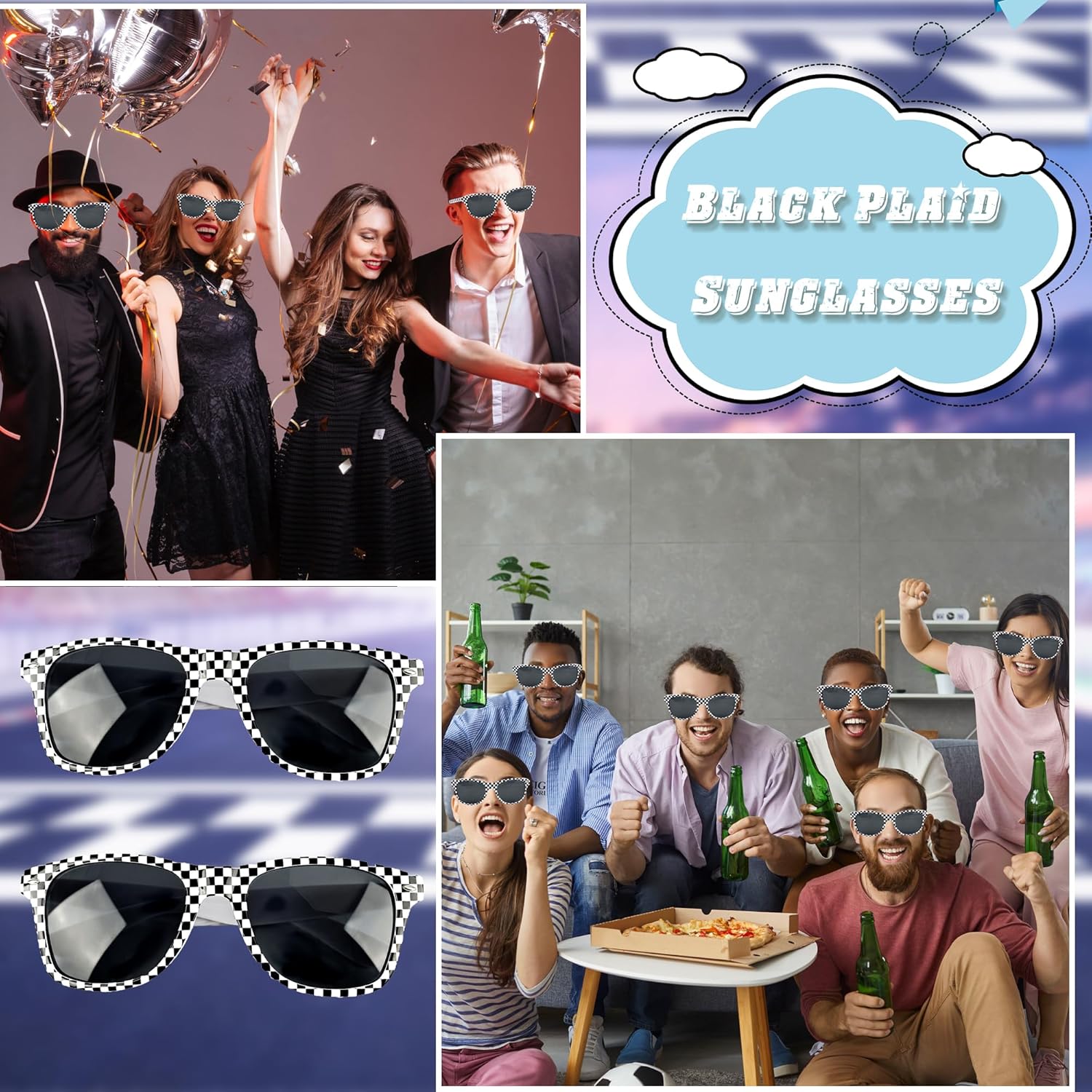 15 Pcs Race Car Checkered Sunglasses Bulk White Frame Black Checker Sunglasses for Adults Racecar Party Favor Supplies Summer Pool Beach Accessories