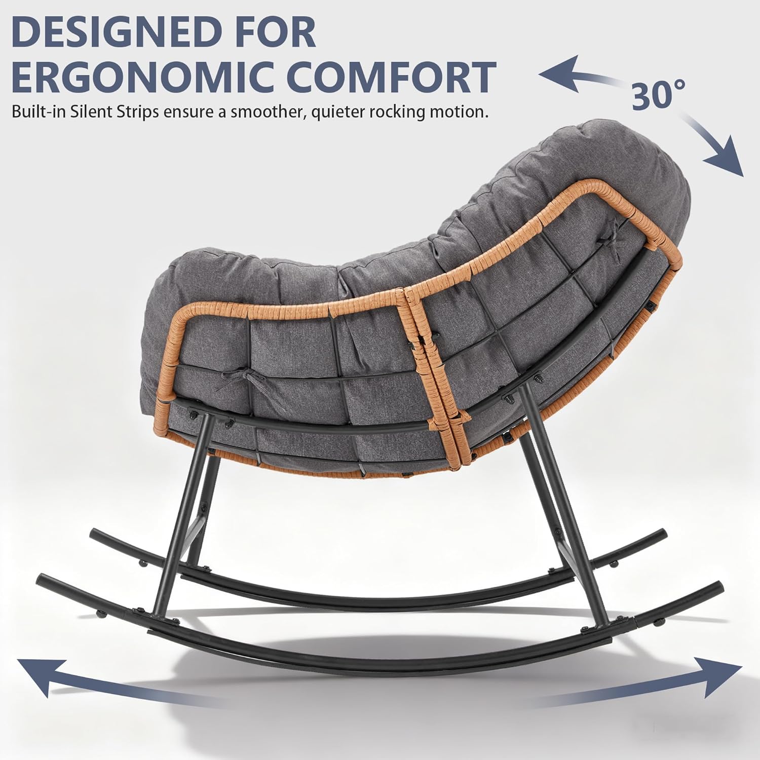 Outdoor Rocking Chair, Oversized Papasan Reading Chair Indoor with Thick Cushion, Comfy Rattan Rocker Egg Chair for Patio, Garden, Balcony, Lawn, Backyard, Bedroom, up to 450lbs, Dark Gray