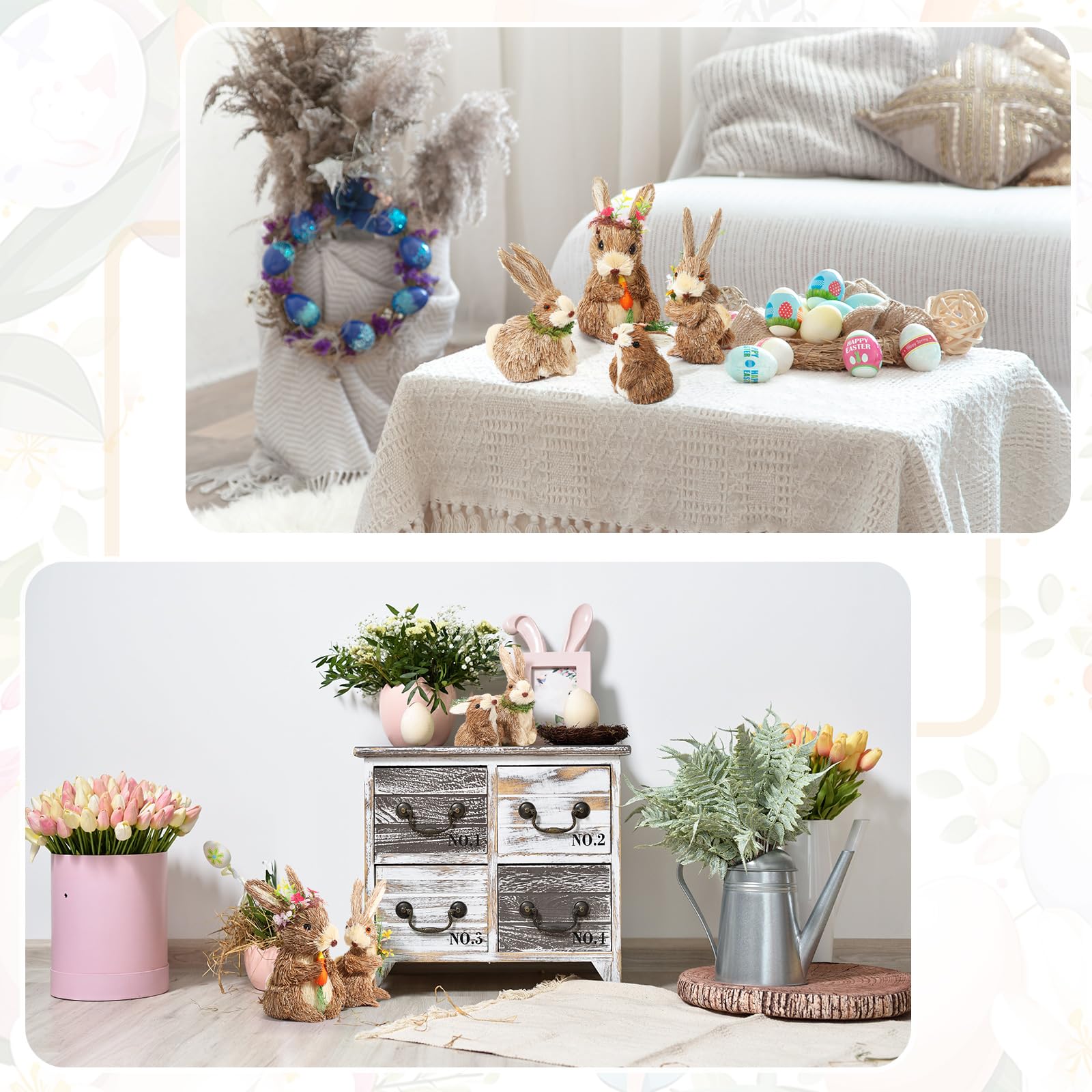 VioraWhite Juego de 4 decoraciones de conejo de Pascua, figuras de conejo de sisal, decoración de mesa, estatua de conejo de paja con flor de zanahoria para el hogar, mesa, oficina, cocina, granja,