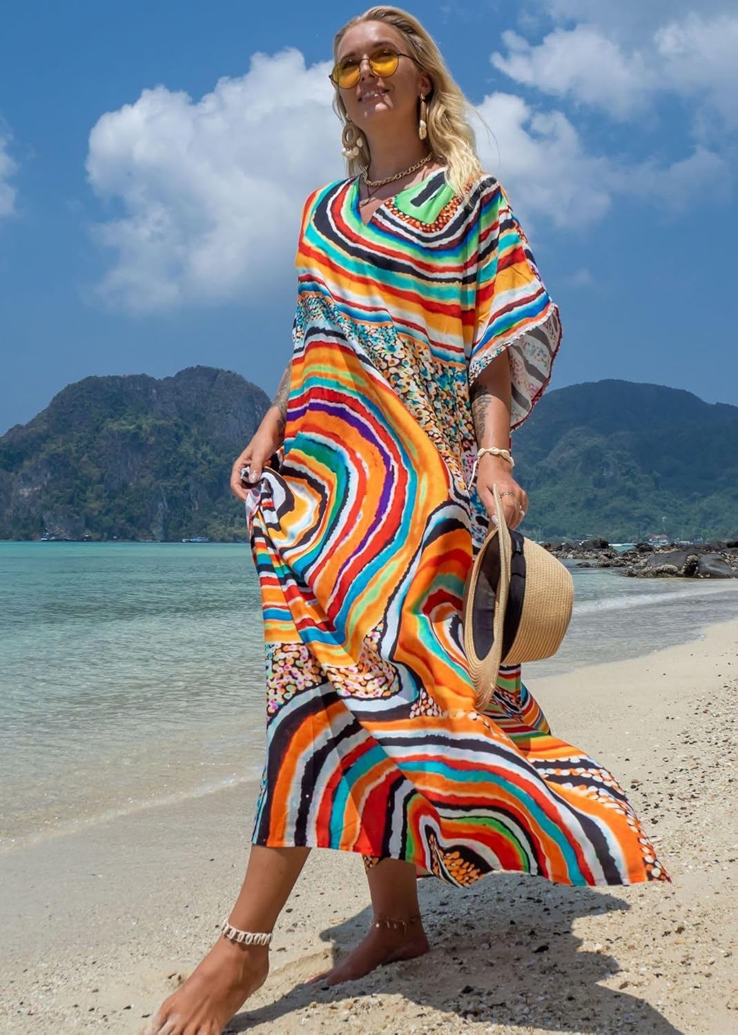 Women's Plus Size Moroccan Print V-Neck Batwing Kaftan Loose Fit Beach Dress Bathing Suit Cover Up - Image 3