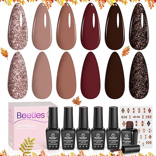 beetles Gel Polish Juego de 6 colores de gel de uñas de 0.3 fl oz (0.3 fl oz), color dorado con purpurina dorada, marrón oscuro, rojo y negro, gel