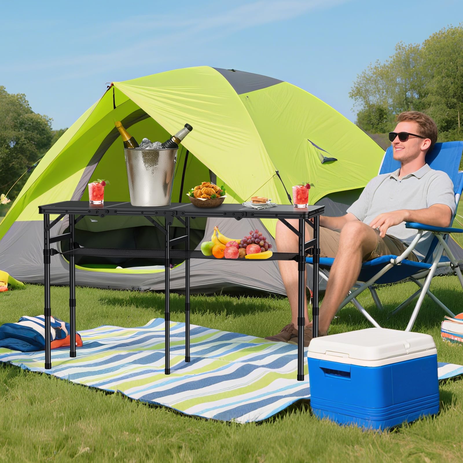 Anbte Mesa Plegable Camping 116 x 40 x 26/48/70cm Ajustable Altura Negro | con Red de Almacenamiento Mesas de Acampad Portátil Mesa Playa Aluminio Impermeable Negro para Terraza Playa Exterior BBQ