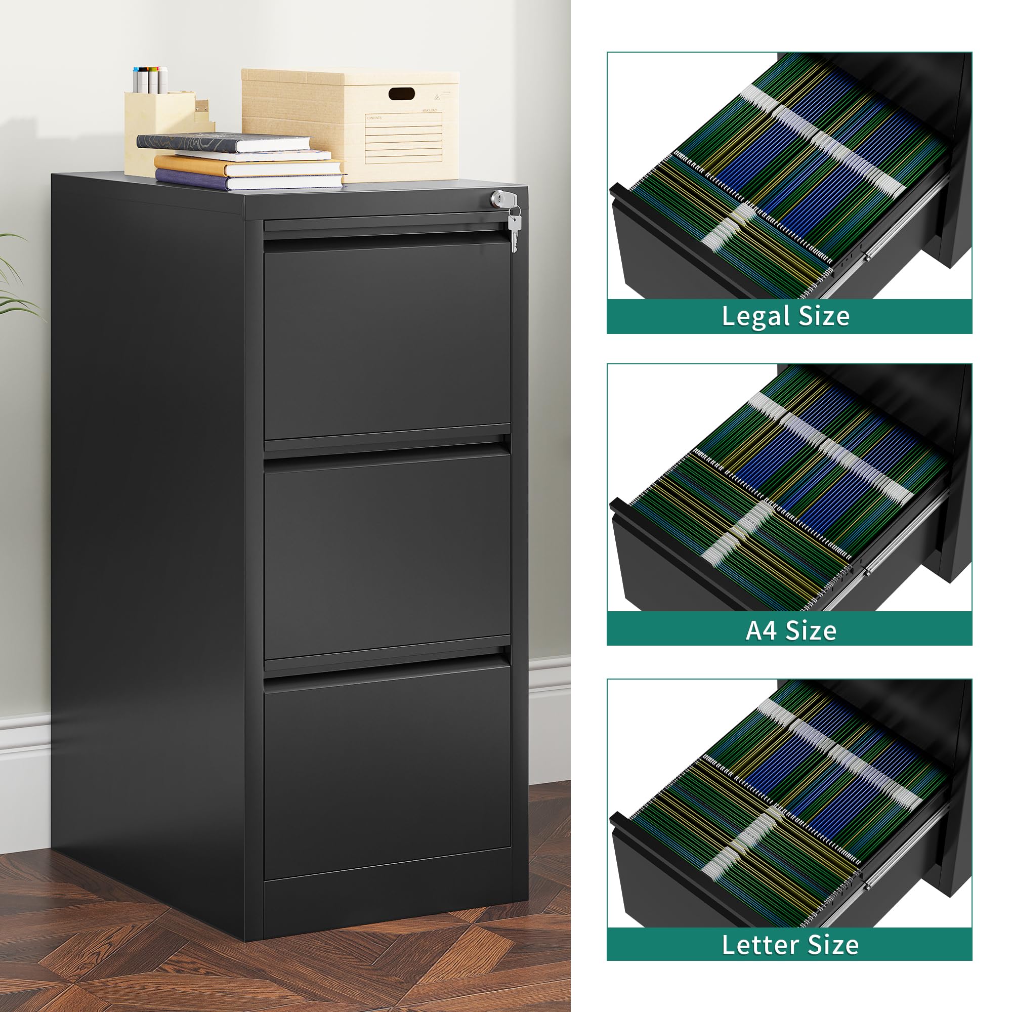 YITAHOME Aktenschrank mit 3 Abschließbaren Schubladen, Kippsicherer Rollender Aktenschrank mit Rädern für das Büro zu Hause, Unter-Pult-Aktenschränke, schwarz, 62 x 45.8 x 102.5cm