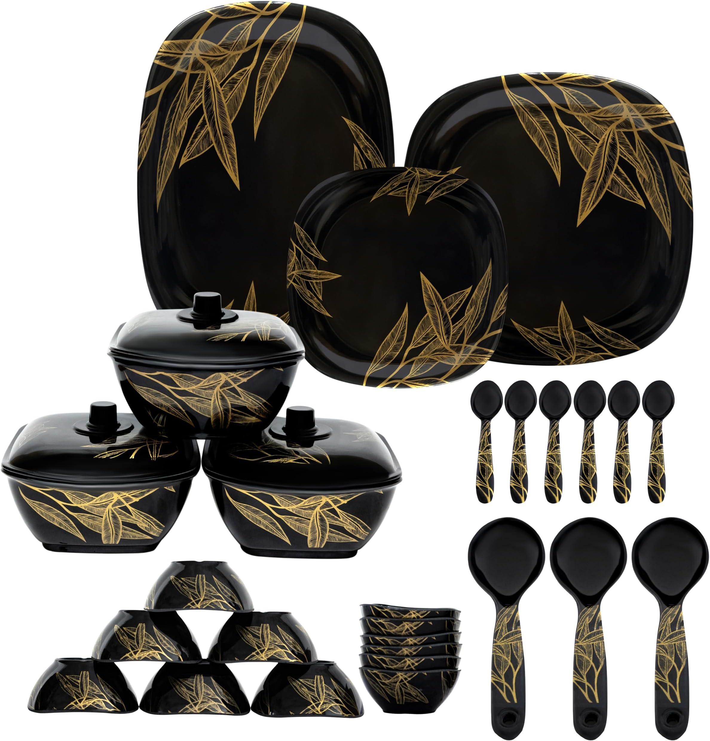 Melamine Dinner Set Pack 40 Pieces - Square Shaped, Black with Golden Print