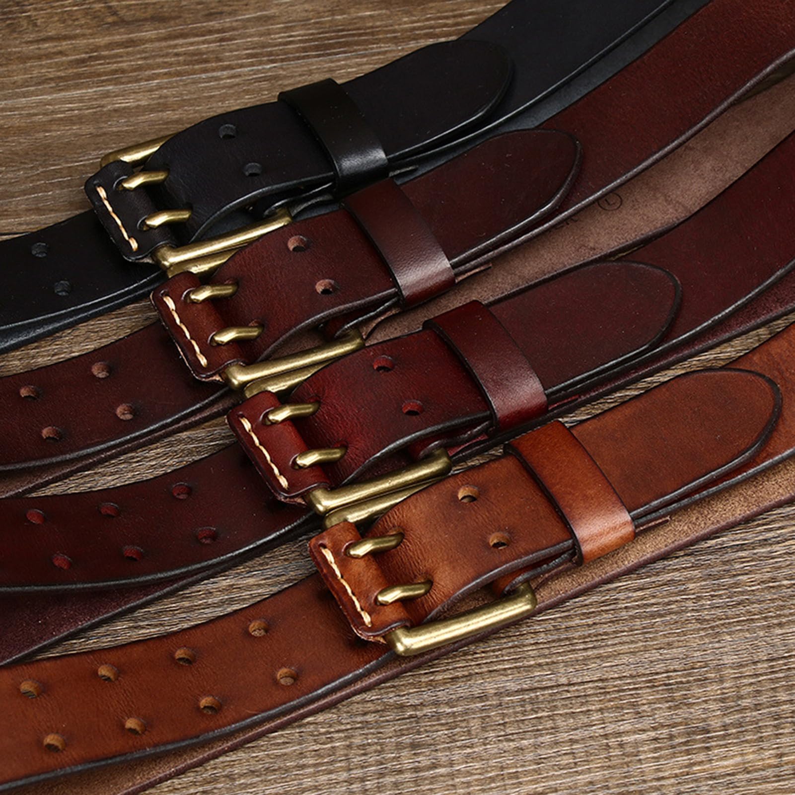Générique Fait Main Ceinture en Jean Largeur 3,8cm, épaisseur 4mm Sangle en Cuir De Vachette Boucle Ardillon à Double à Rouleau Dorée en Cuir(105cm/41, Brown)