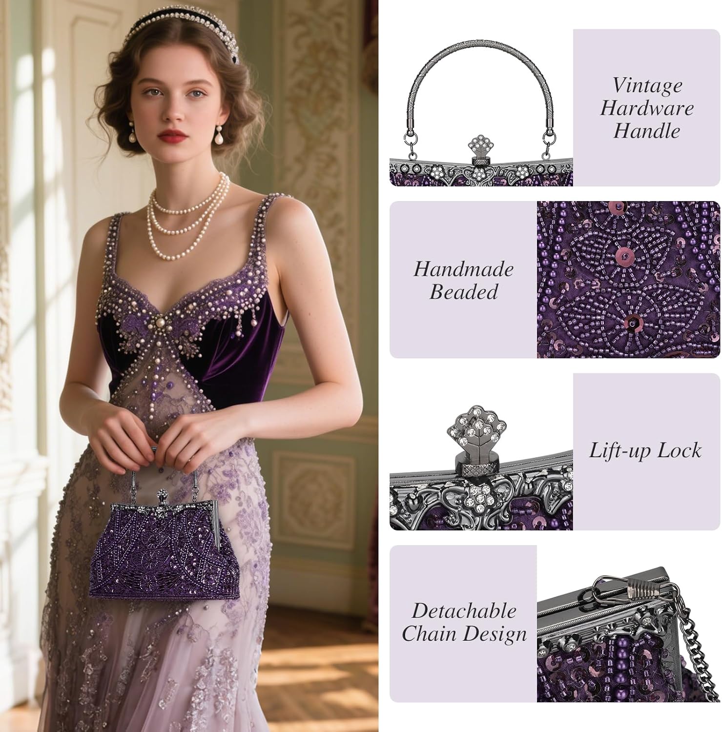 Selighting 1920s Vintage Beaded Clutch Evening Bags for Women Formal Bridal Wedding Clutch Purse Prom Cocktail Party Handbags | 1920s, Vintage, Beaded, Formal, Bridal, Wedding - Image 5
