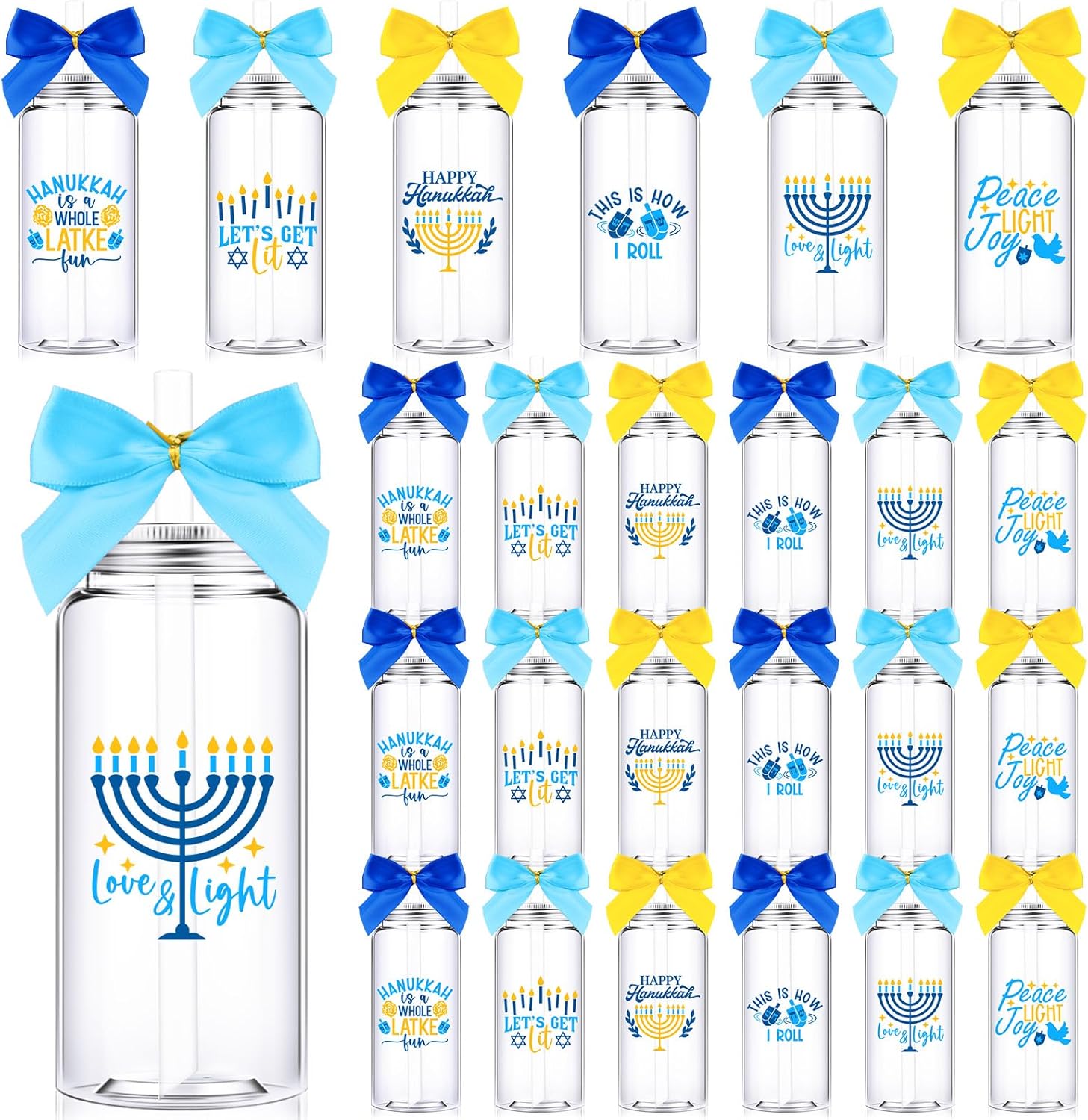Skylety 24 Pcs Hanukkah Jewish Gift Cups Bulk Happy Chanukah Cups 13.5 oz Plastic Hanukkah Tumbler with Straw Lid Blue Bow Chanukah Party Supplies Gift for Women Friends Christian Pastor Church