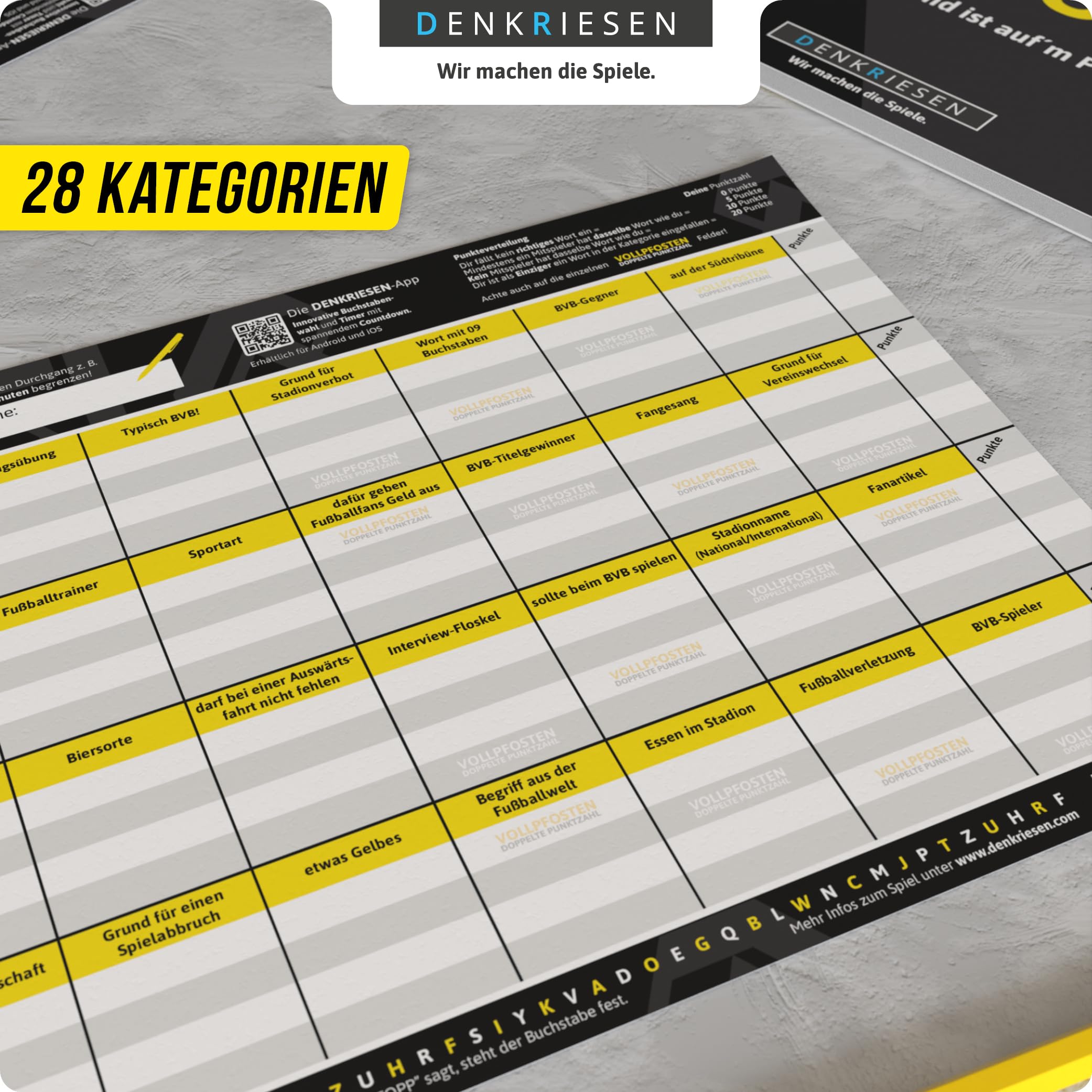 DENKRIESEN A4 Game Pad - Stadt Land VOLLPFOSTEN® BVB Edition - From 9 years - Includes 28 categories, Black, Medium - Image 4