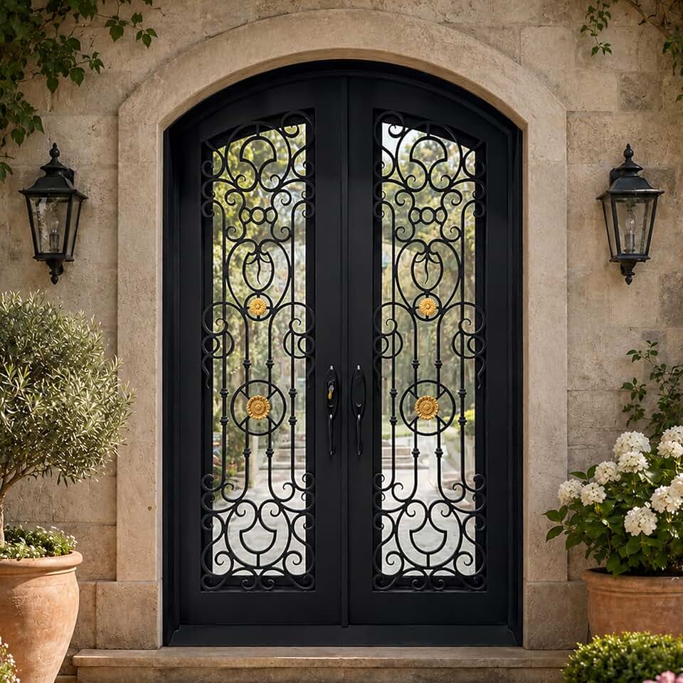 CHETTO C Entry Door Double Exterior Doors Wrought Iron Prehung Symmetrical Scrollwork Featuring Clear and Low-E Glass Matte Black 72" W x 108" H