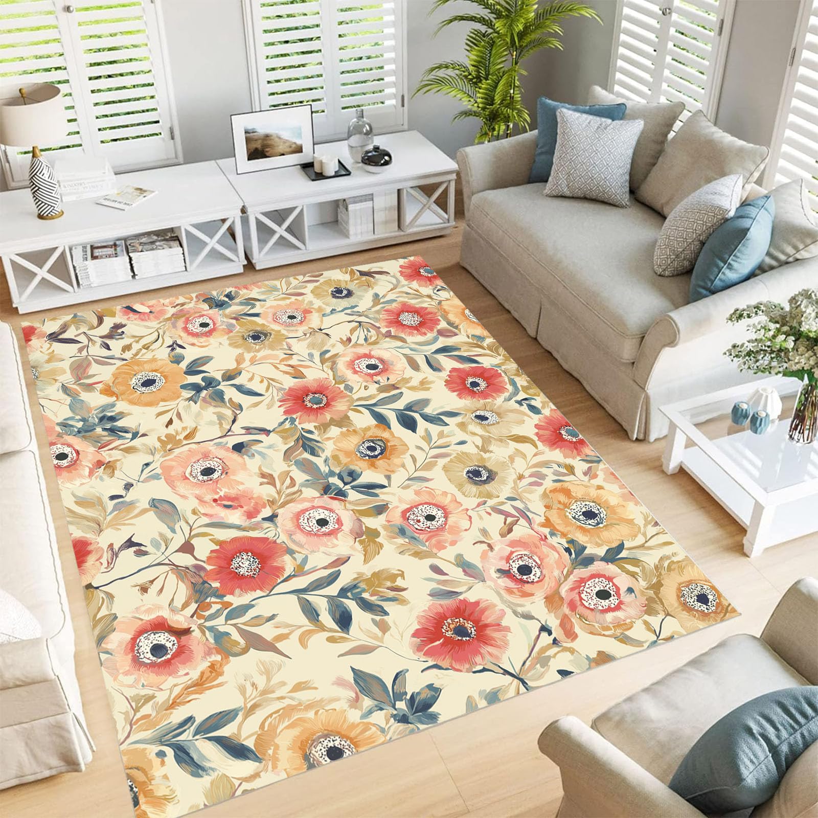 Tapis beige fleurs abstraites 180x270cm pour salon et chambre