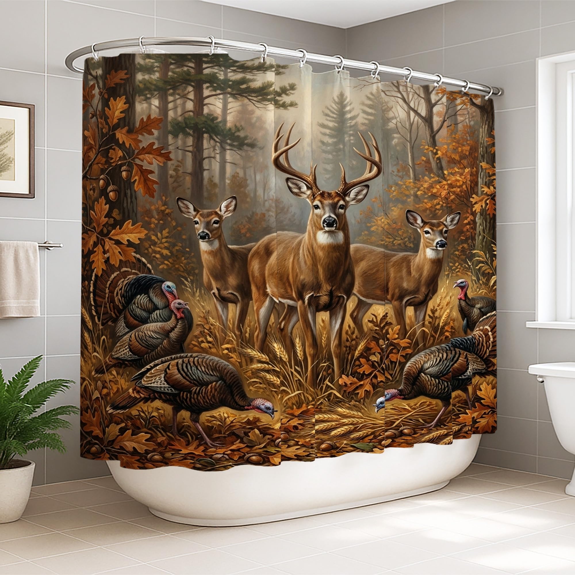 Rideau de douche xxl motif cerf marron pour une salle de bain ambiance chalet nature