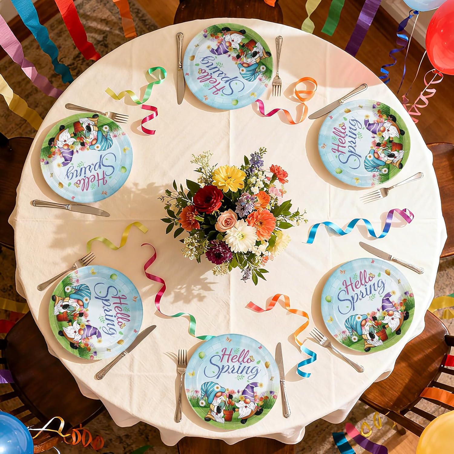 50Pcs Spring Paper Plates 10 Inch Heavy Duty Disposable Gnome Floral Dessert Plates Hello Spring Party Decorations for Easter Gnome Birthday Baby Shower Party Supplies