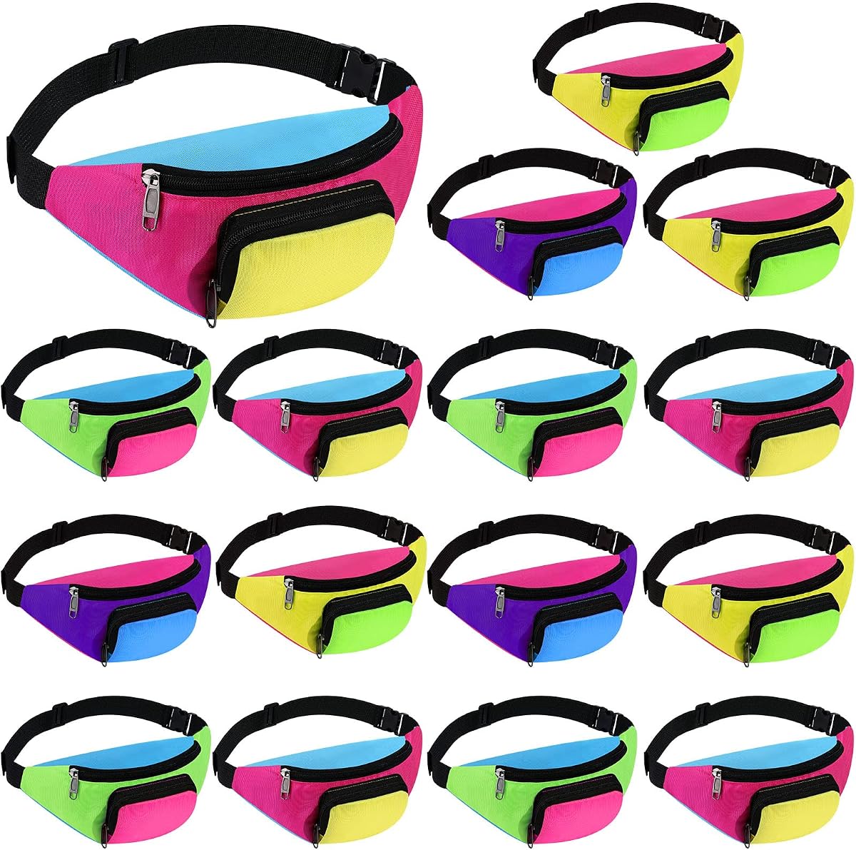 Tarpop 16 Pieces Neon Fanny Pack 80's 90's Retro Waist Belt Bag Bulk | Colorblock Neon Design, Adjustable Strap, Retro Accessories for 80s 90s Themed Parties Travel Jogging Costume Belt Bags