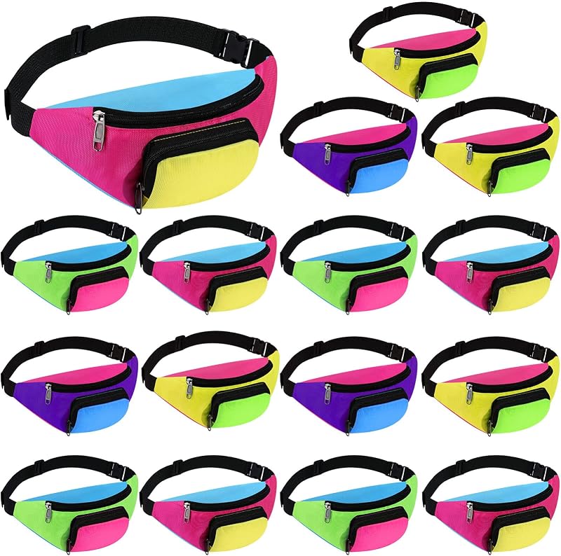 Tarpop 16 Pieces Neon Fanny Pack 80's 90's Retro Waist Belt Bag Bulk | Colorblock Neon Design, Adjustable Strap, Retro Accessories for 80s 90s Themed Parties Travel Jogging Costume Belt Bags