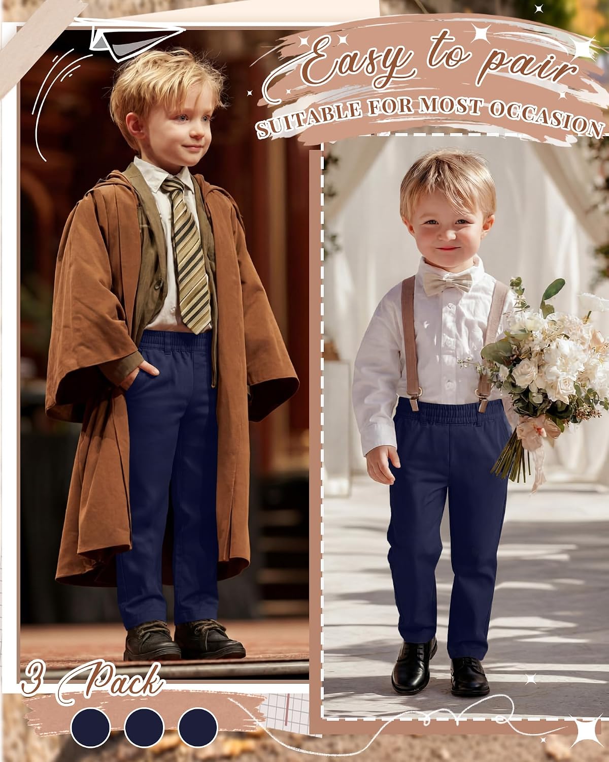 Yooo's Vivi 3 Pack Toddler Boys' School Uniform Pants Elastic Waist Chino Trousers Straight Leg Pull Pants 12M-5T