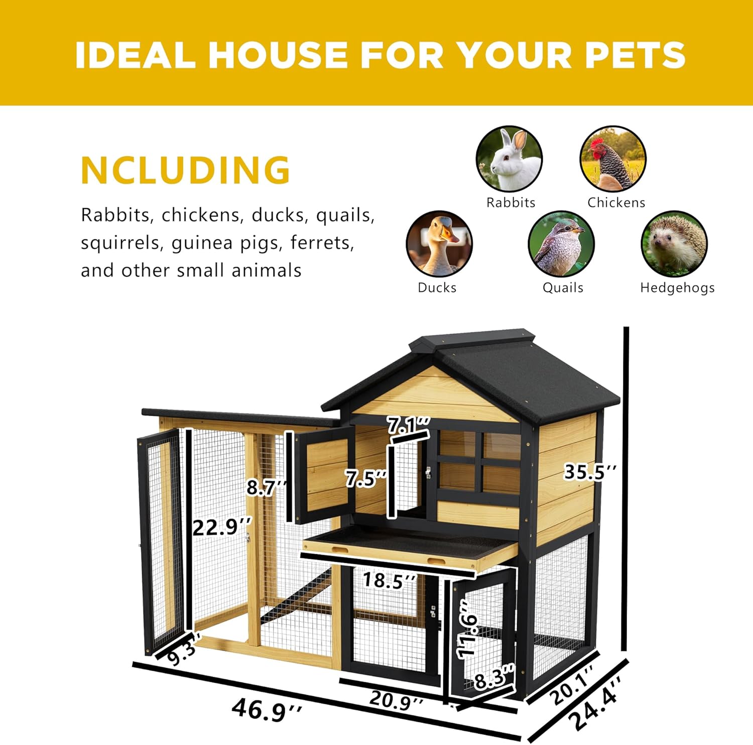 Large Chicken Coop and Run Outdoor Indoor Two Story Rabbit Hutch Pet House Guinea Pig Cage with Removable Tray, Ramp, Ventilation Doors for Chickens, Bunny, Ducks, Quails（Natural Wood）