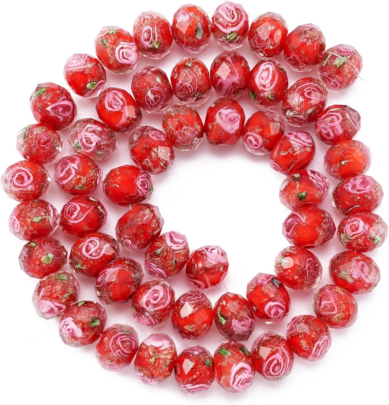Craftdady 60Pcs Gold Sand Lampwork Glass Beads Faceted Rondelle Craft Spacer Beads Polished Handmade Floral Pattern Loose Beads for Jewelry Necklace Earring Bracelet, Red