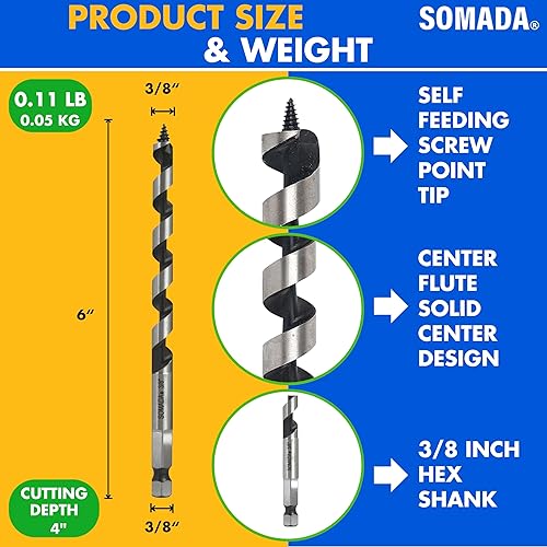 Vista 155 de SOMADA Broca de taladro de 3/4 pulgadas x 17 pulgadas para madera, vástago hexagonal de 3/8 pulgadas, una pieza, broca larga para madera blanda
