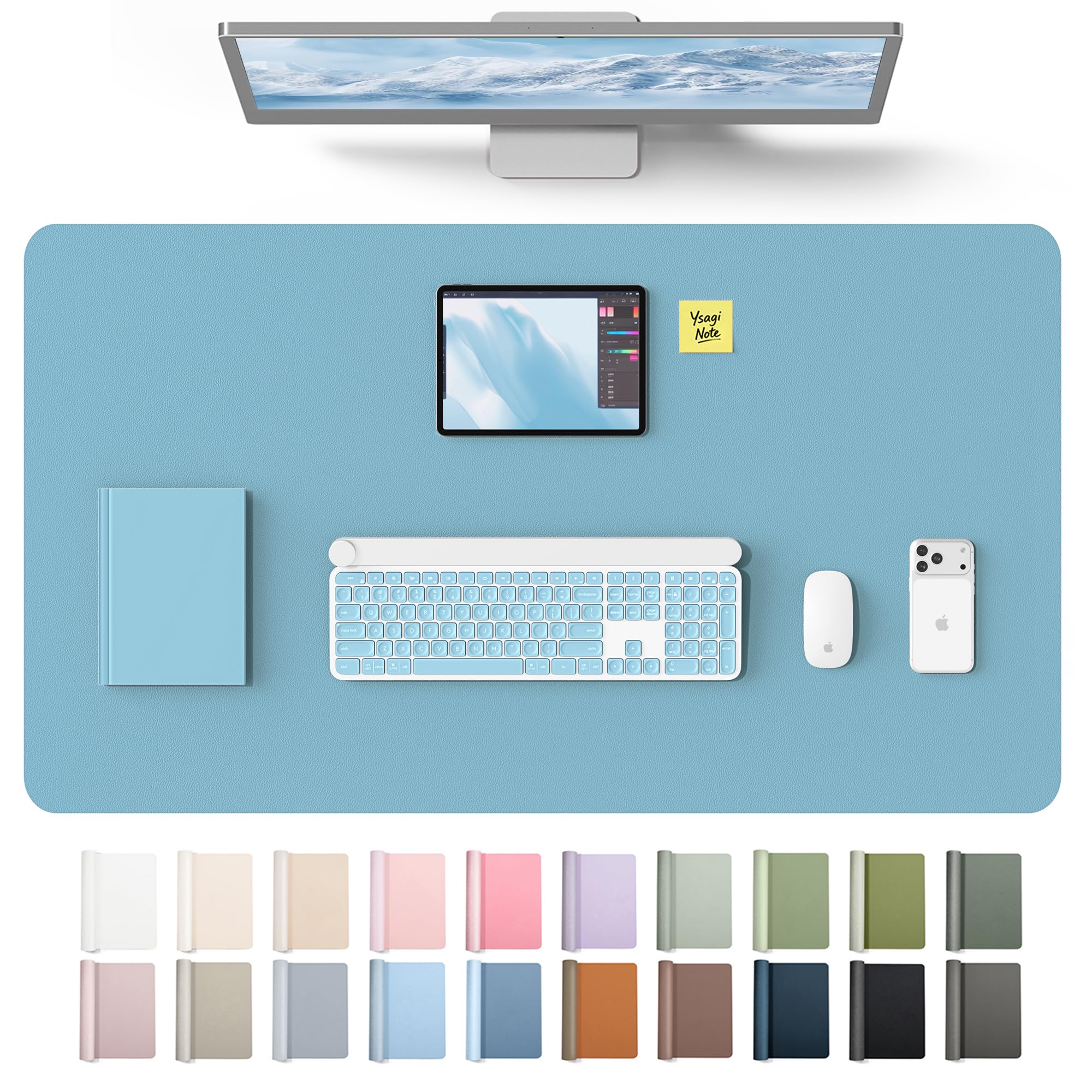 YSAGi Leather Desk Protector, Office Mat, Large Mouse Mat, Non-Slip PU Leather Blotter, Laptop Desk Mat, Waterproof Writing Pad for Office and Home(Sea Blue, 40" x 24")