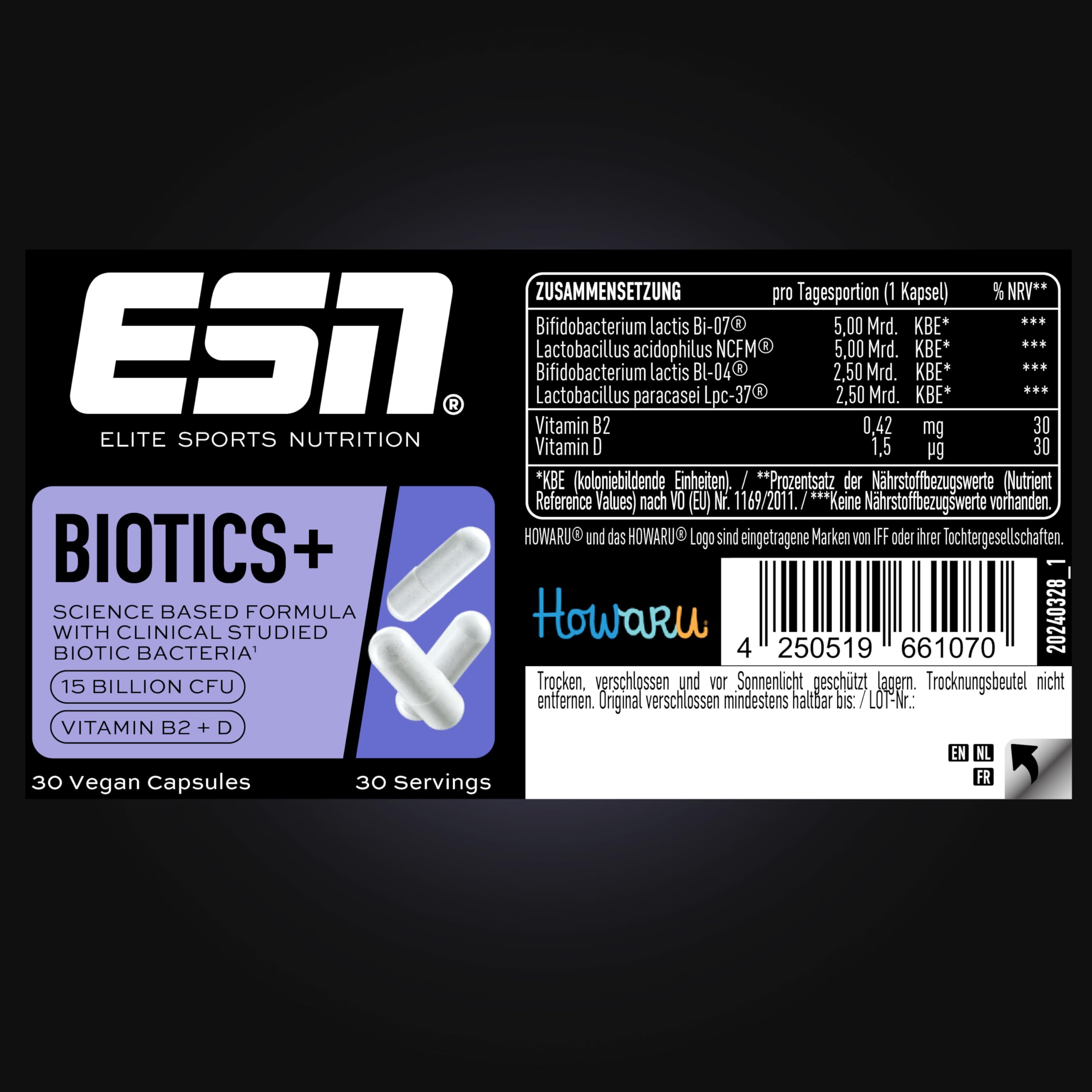 ESN Biotics+, 30 Kapseln, 450 Milliarden KBE je Packung, hochdosiert, mit Vitamin B2 + D, nur 1 Kapsel pro Tag, vegetarisch