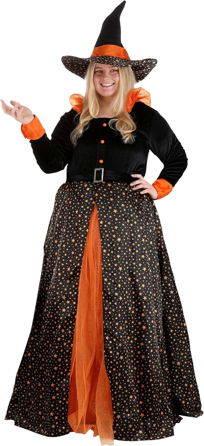Women's Plus Size Sparkling Orange Witch Costume Dress