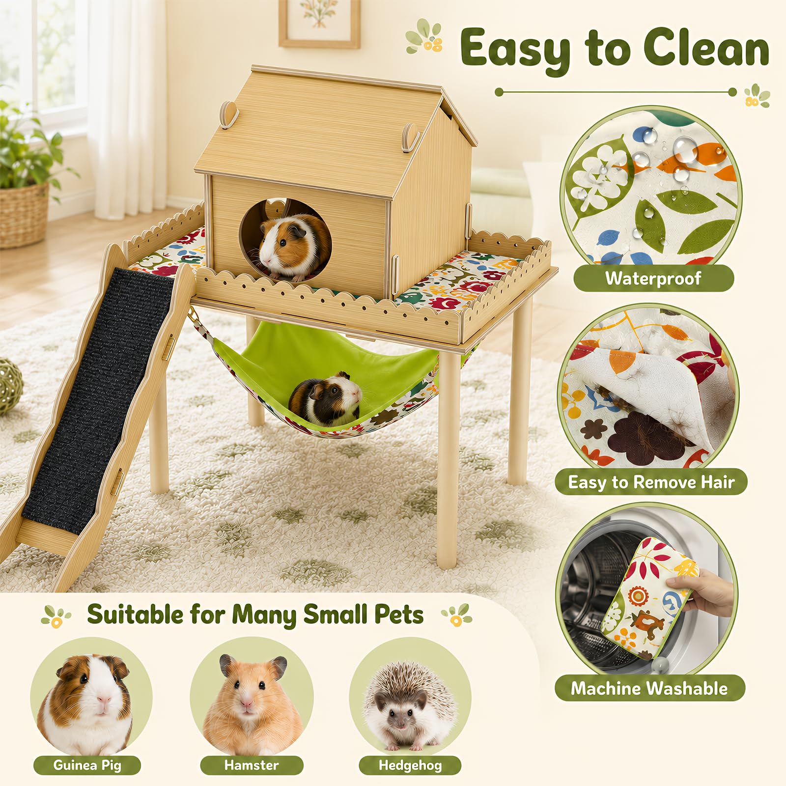 Maison 3-en-1 pour cochon d'Inde, maison pour hamster avec plateforme, escalier, rampe et cachette, accessoires pour petits animaux avec hamac, convient pour lapins, hamsters nains