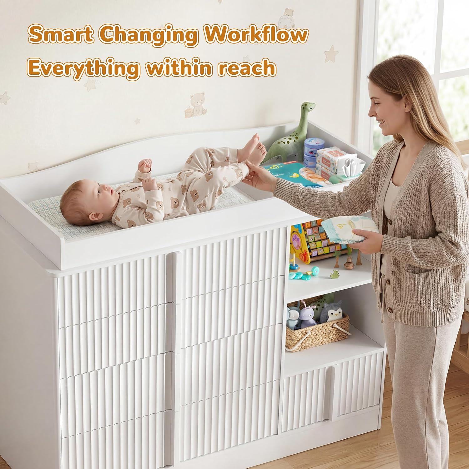 DTK Changing Table Dresser, Baby Dresser with Changing Table Top, Nursery Dresser with 4 Drawers and Shelves, Wood Changing Table with Storage, Diaper Changing Station for Nursery