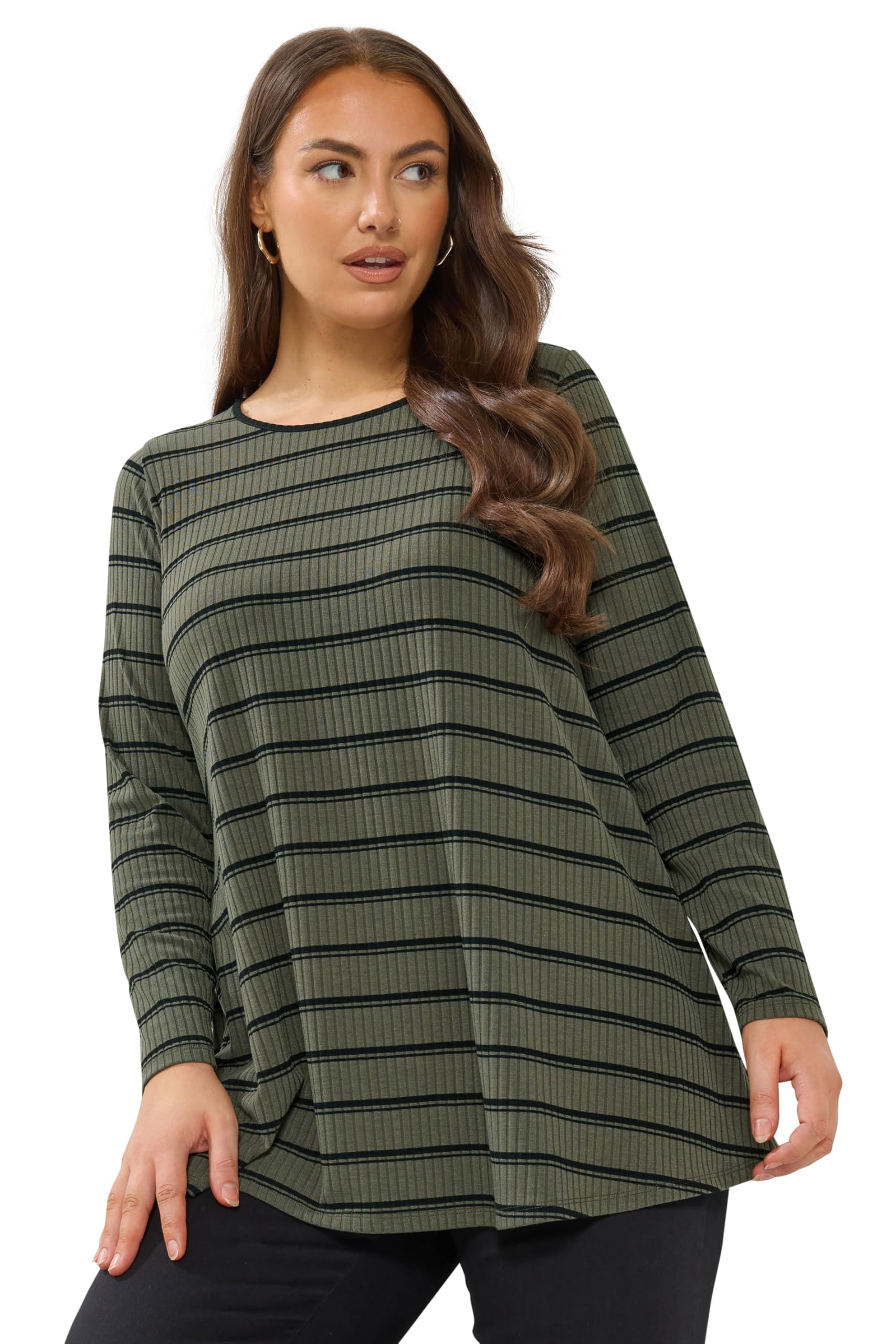 Yours Curve Green Stripe Ribbed Swing Top - Women's - Plus Size Curve