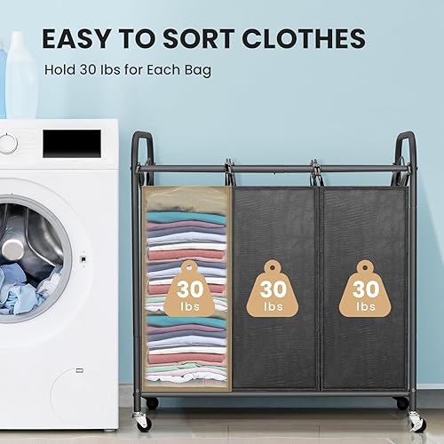 Miniatura 6 de Yorking Carrito clasificador de lavandería, carrito de lavandería con 3 bolsas grandes extraíbles, cesta organizadora de lavandería con ruedas