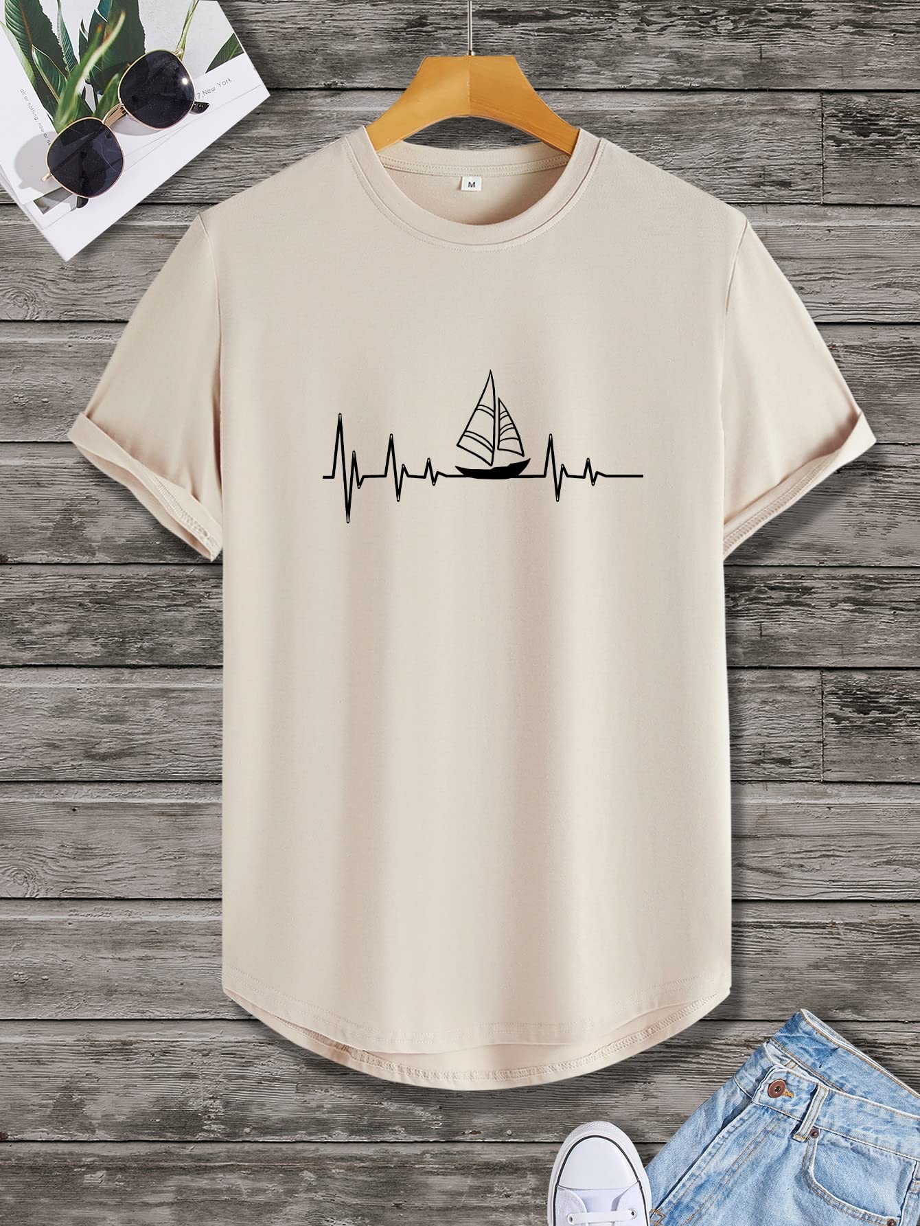 ANHCRAANHCRA Tshirts For Men Men Sailboat Print Tee (Color : Khaki, Size : M)