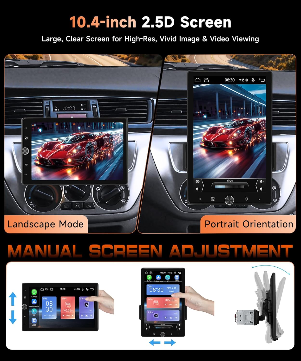 MAHVEC 10.4'' Single Din Car Stereo with Wireless CarPlay Android Auto, HD Rotation Touchscreen Radio with Bluetooth, USB, Mirror Link, SWC, Car Play, FM/RDS Radio, Backup Camera