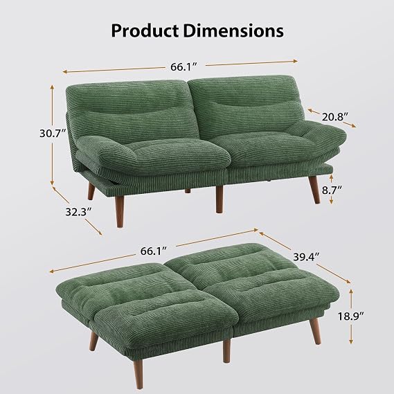 PERLECARE Convertible Futon Sofa Bed, 66 Corduroy Futon Couch with Adjustable Backrest and Armrests, 3-in-1Recliner Sleeper Sofa for Small Spaces, Play Room,Living Room or Office(66 in,Green)