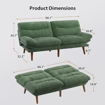 PERLECARE Convertible Futon Sofa Bed, 66 Corduroy Futon Couch with Adjustable Backrest and Armrests, 3-in-1Recliner Sleeper Sofa for Small Spaces, Play Room,Living Room or Office(66 in,Green)