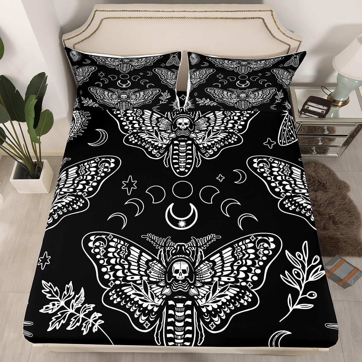 Manfei Death Moth Kids Fitted Sheet King Size, Gothic Skull Moth Bedding Set for Boys Girls Adults Bedroom Decor, Boho Moon Stars Bed Cover, Soft Polyester Bedding, 2 Pillowcases