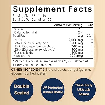 NatureBell Antarctic Krill Oil 2000mg Supplement, 240 Softgels, 3X Strength Natural Source of Omega-3s, EPA 240mg + DHA 160mg + Astaxanthin 800mcg No Fishy Aftertaste Mercury Free & Non-GMO