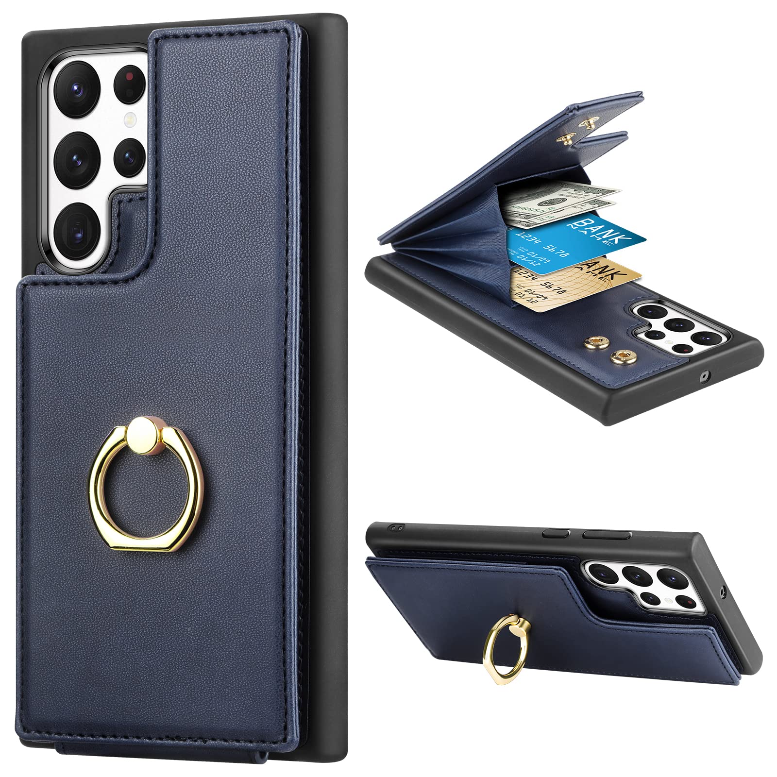 JAKPAKfor Galaxy S22 Ultra Case Wallet with Card Holder, 360°Rotation Ring Holder Kickstand Cover for Girls Women Protective PU Leather Flip Shockproof Cover for Galaxy S22 Ultra 6.8 inch Dark Blue