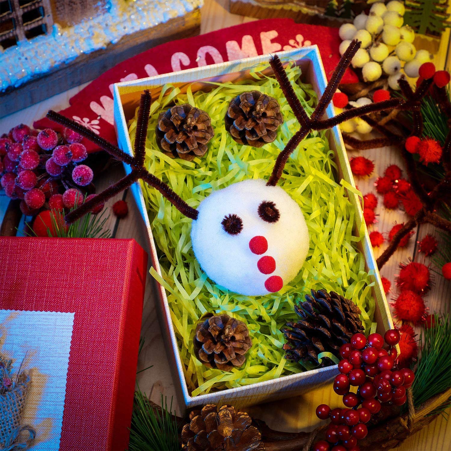 TOPPLAYER 100 Pièces Tige De Chenille De Noël, 150 Pièces Pom Poms Et 150 Pièces Yeux Mobiles Autocollants, Ensemble Cure-Pipe Pour Noël Artisanat Bricolage