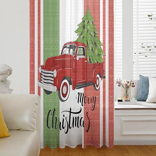 Christmas Truck Semi Sheer Curtains Drapes for Living Room, Bedroom, French Doors Window 63 Inches Long, Rod Pocket Chiffon Curtain Drapery Voile Christmas Truck Semi Sheer Curtains Drapes for Living Room, Bedroom, French Doors Window 63 Inches Long, Rod Pocket Chiffon Curtain Drapery Voile