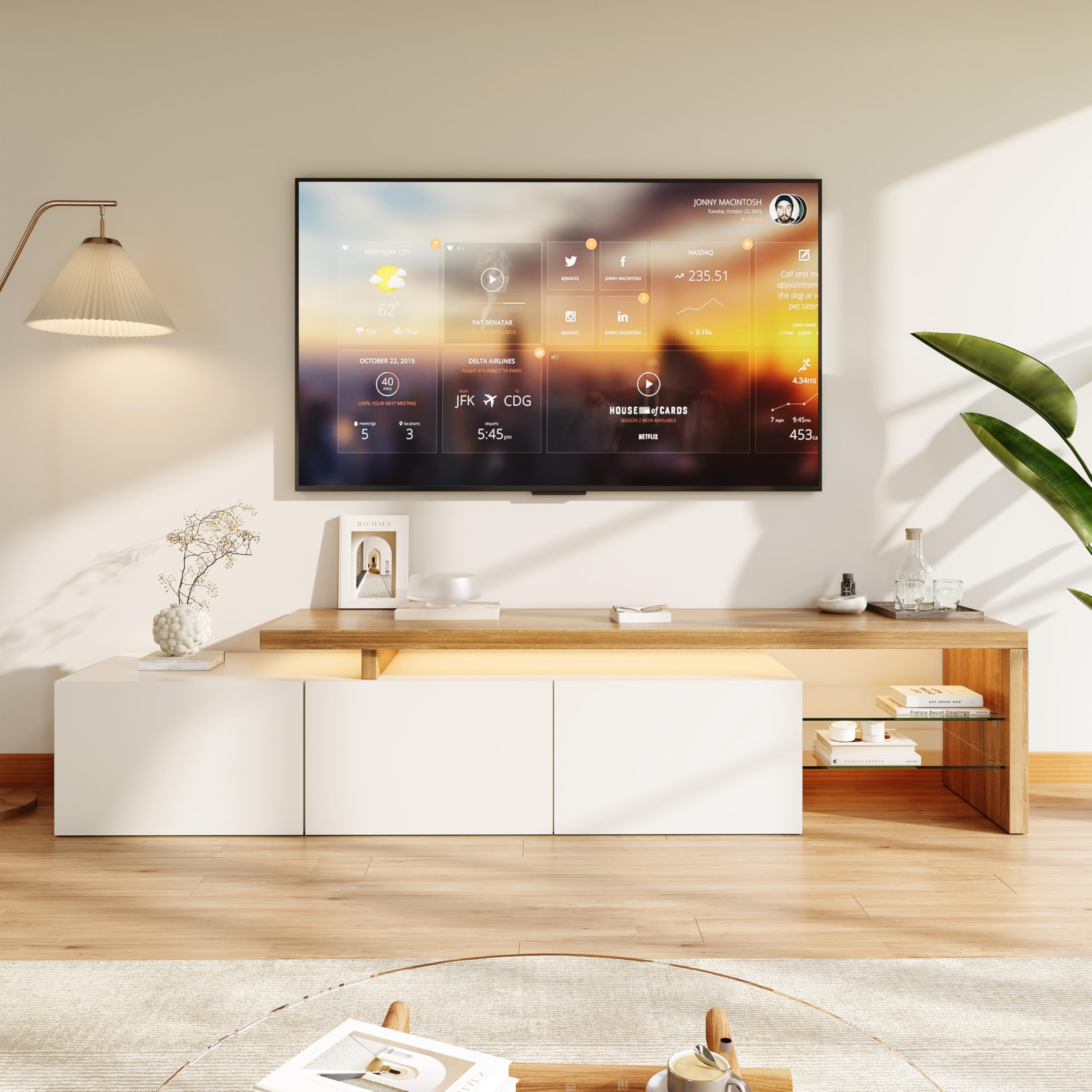 Meuble TV LED, Meuble TV Blanc et Bois, 200 cm Longueur, Meuble Tele Design avec Lumières LED, Rangement Pratique, Banc TV pour Salon ou Chambre, 200x39x42 cm (Blanc-WA01, 200x39x42 cm)
