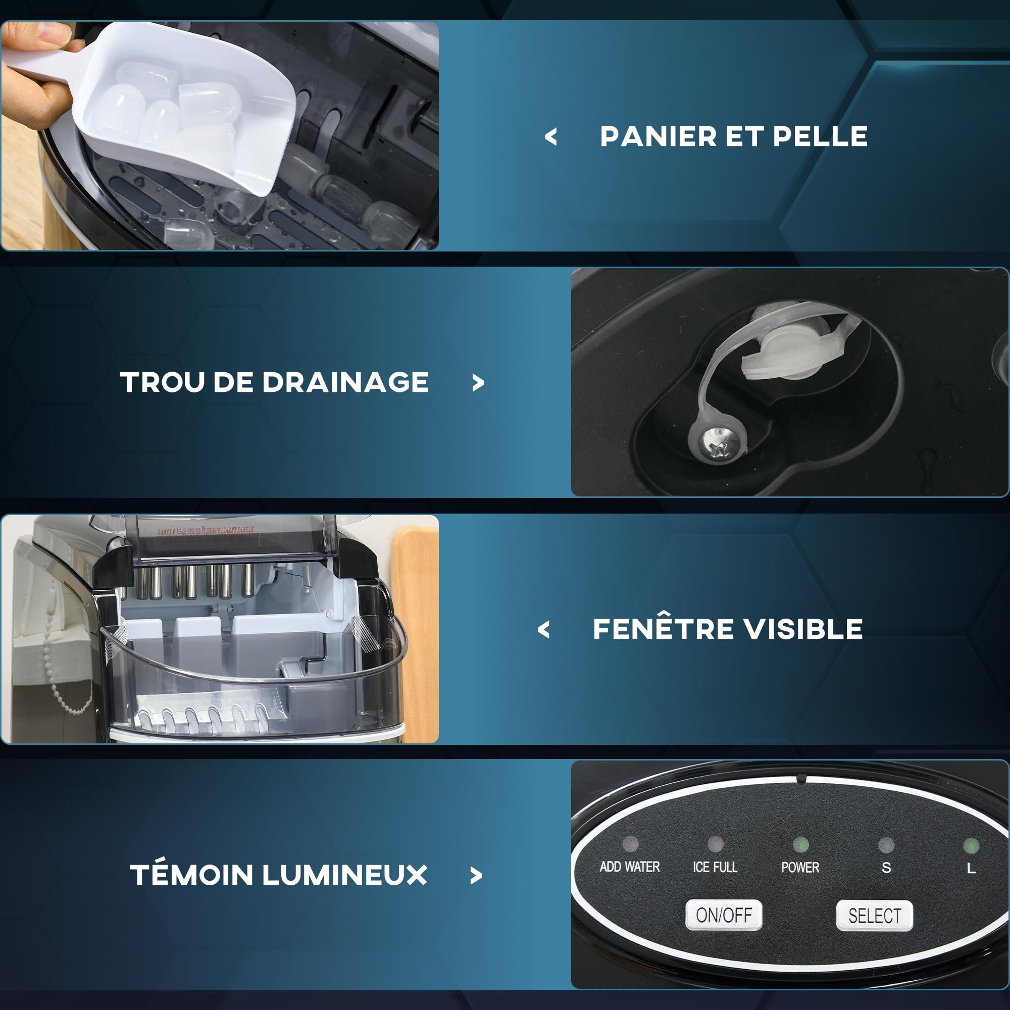 HOMCOM Machine à glaçons 12kg en 24h, Machine Glacon autonettoyant, capacité réservoir 1,8 L, Affichage LED, pelle et panier inclus, en acier Inox pour Maison, Cuisine, Bar