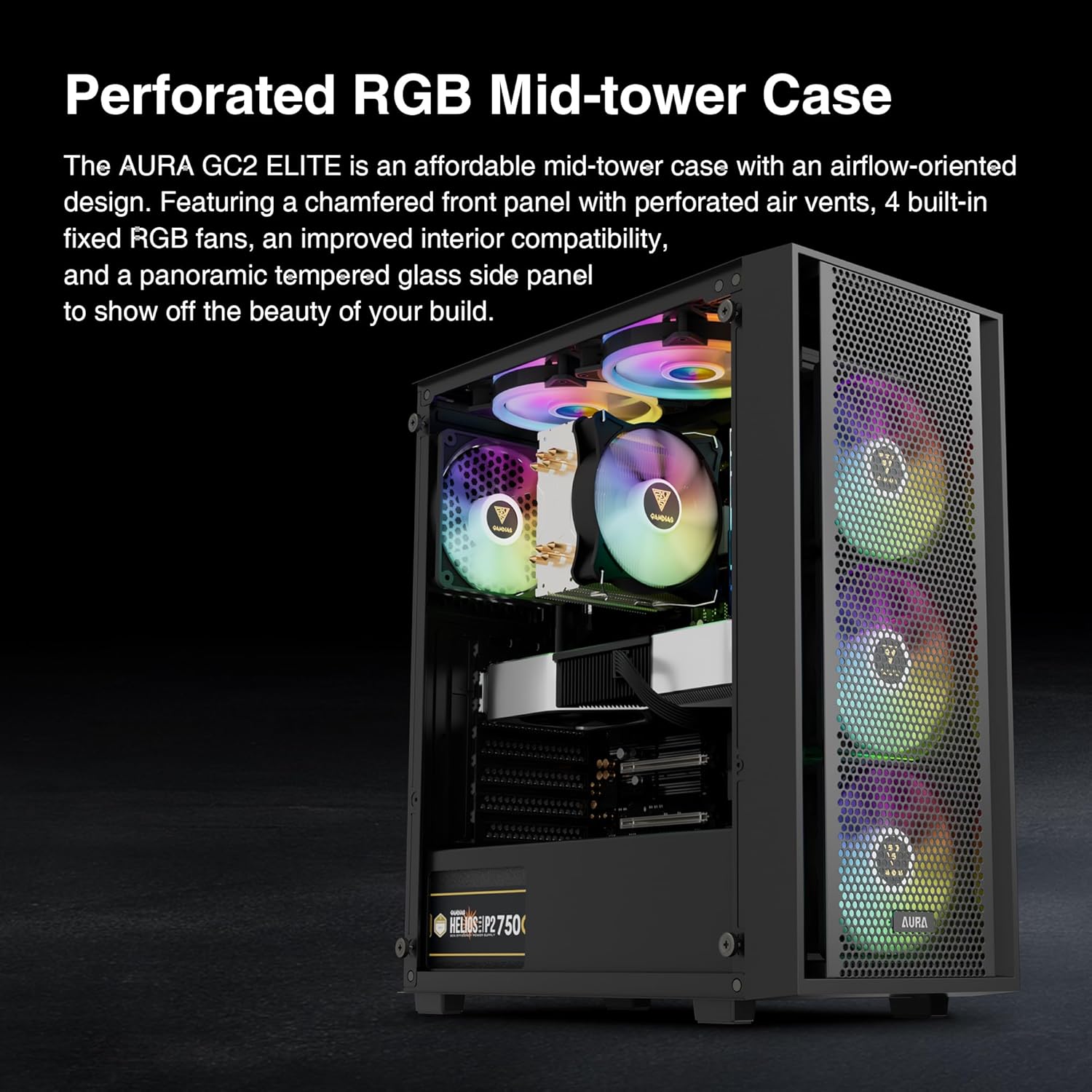 GAMDIAS ATX Mid Tower Computer PC Case with Tempered Glass, 4X 120mm ARGB PWM Fans Gaming Case, Support Up to 6X 120mm Fans, 360mm AIO/Radiator, 260mm GPU/VGA, 160mm CPU Air Cooler