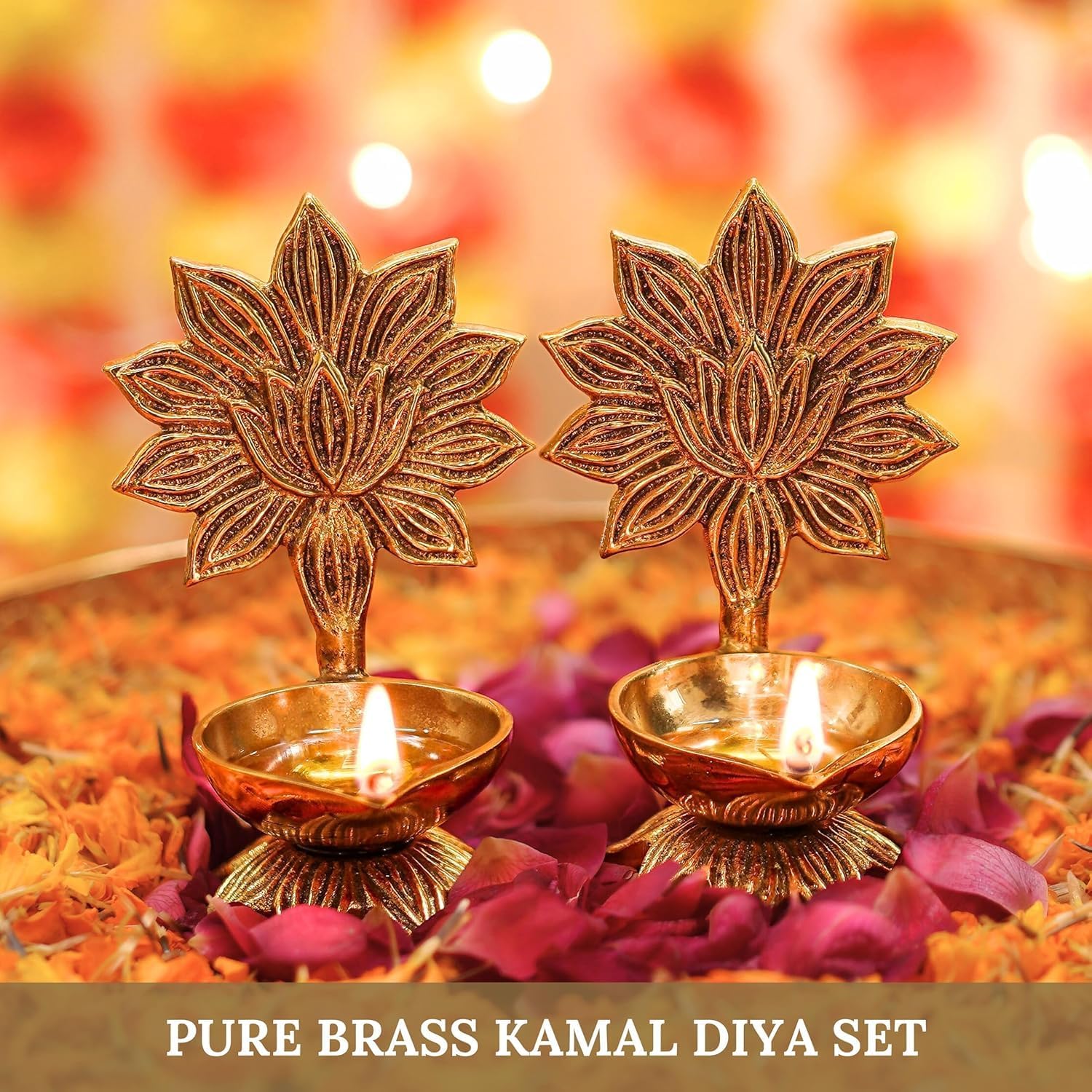 Wooden Temple Store Presents 100% Pure Brass Lotus Diya Set of 2 for Puja | 0% Pure Brass Lotus Diya