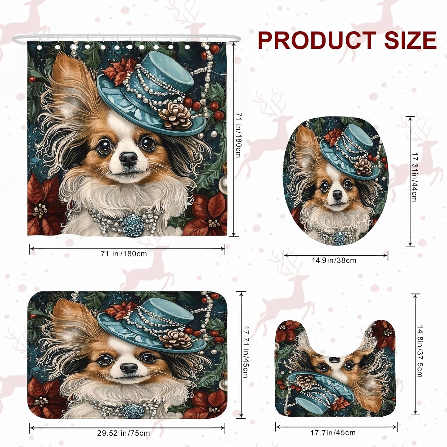 4PCS Vintage Christmas Papillon Dog Bathroom Sets, Bath Accessory with Non-Slip Rug, U Shape Toilet Lid Cover Mat, Retro Xmas Puppy Bathroom Decor-72''x72''