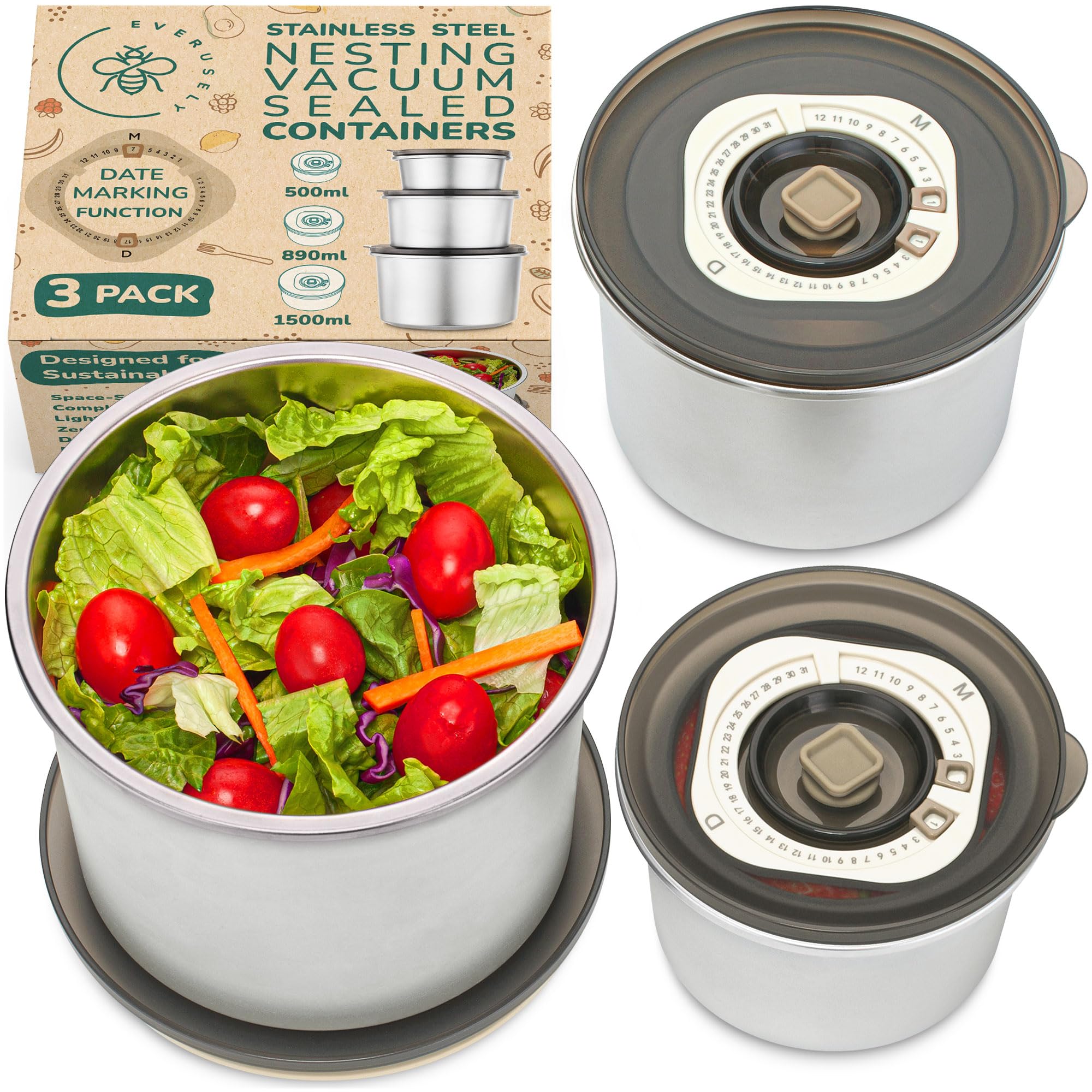 Everusely Vacuum Sealed Food Containers with Date Marking - Large Set of 3 Airtight Stainless Steel Metal Lunch Storage with Translucent Lids - Leakproof & Food Grade - Kitchen Nesting Bowls