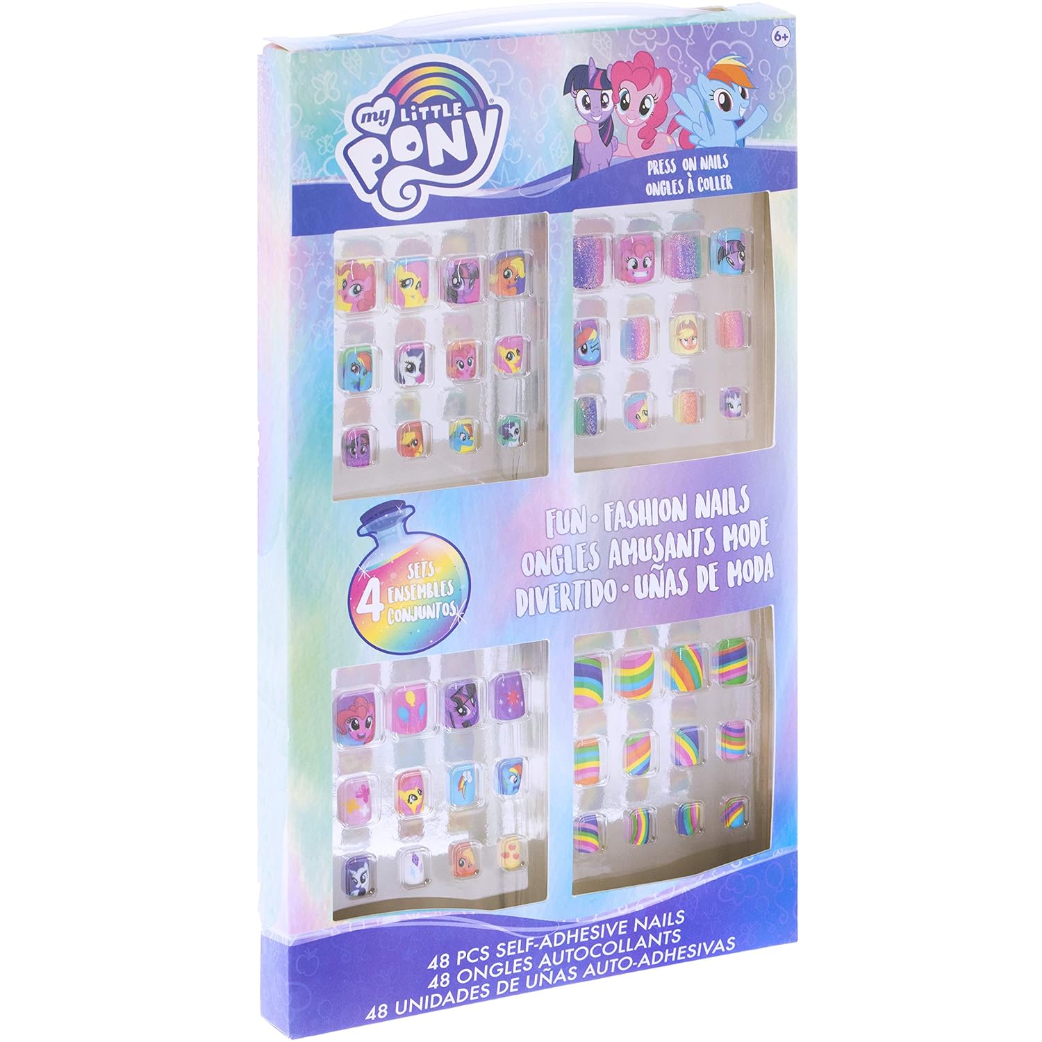 My Little Pony - Townley Girl 48 Pcs Press-On Nails Artificial False Nails Set for girls, kids with Pre-Glue Full Cover Acrylic Nail Tip Kit, Ages 6+ for Parties, Sleepovers and Makeovers