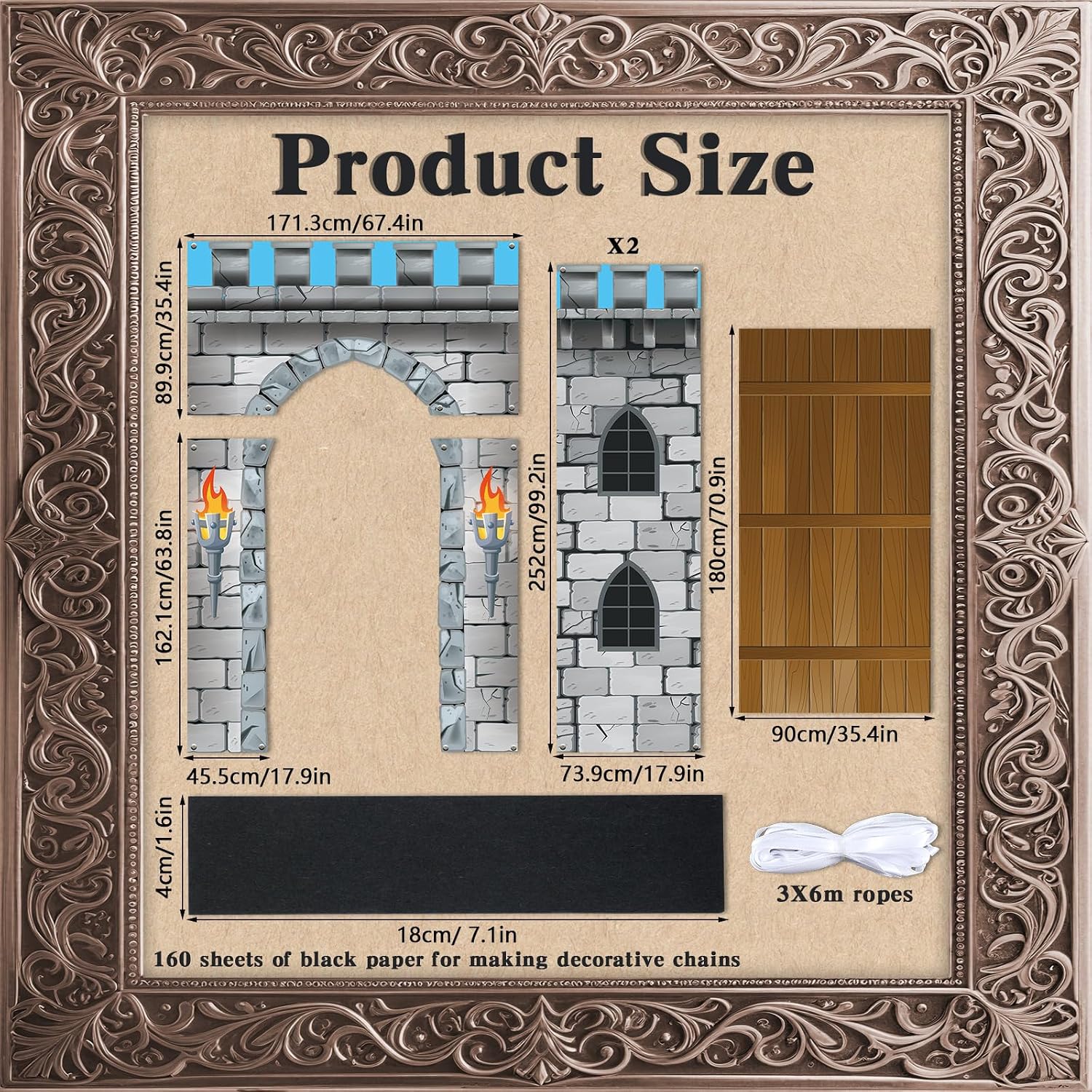 3D Medieval Party Decorations Medieval Castle Door Cover Backdrop with Paper Chains Castle Party Decorations Knight Wall Backdrop Themed Supplies Enchanted Entrance for Royal Knight Porch Decor