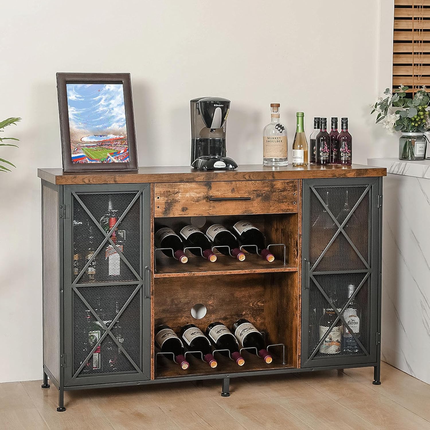 Wine Bar with Wine Rack and Glass Holder, Farmhouse