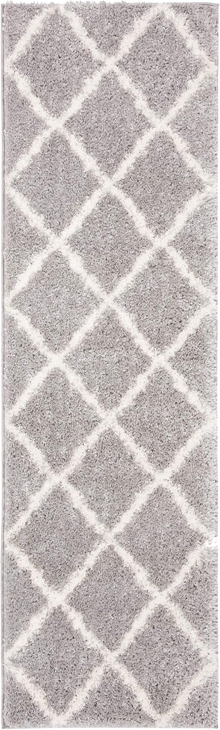 SAFAVIEH Parma Shag Collection Runner Rug - 2'3" x 8', Grey & Cream, Moroccan Trellis Design, Non-Shedding & Easy Care, 1.2-inch Thick Ideal for High Traffic Areas in Living Room, Bedroom (PMA521G)