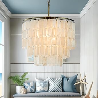 ALOADECOR Farmhouse 3-Light W18 in Coastal Capiz Seashells Chandeliers in Antique Bronze Natural White Chandelier with Rectangle Shells for Dining Room Living Room